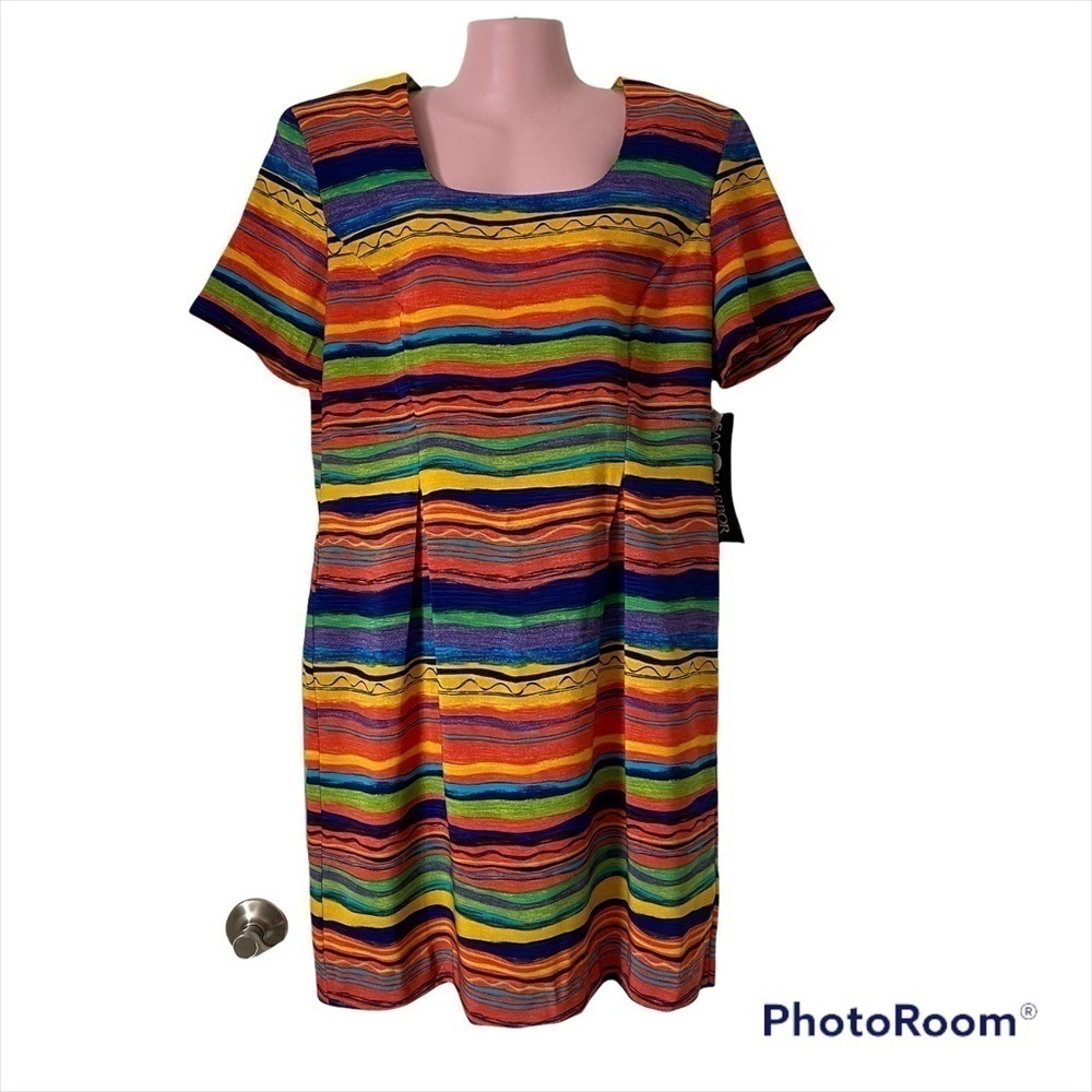 Vtg Sag Harbor Women's Dress 14 Petite Colorful Stripe Sheath Short Sleeve NEW